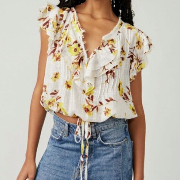 Free People Naya Handprinted Cotton and Viscose Bohemian Top with raw edges XS - Picture 7 of 16